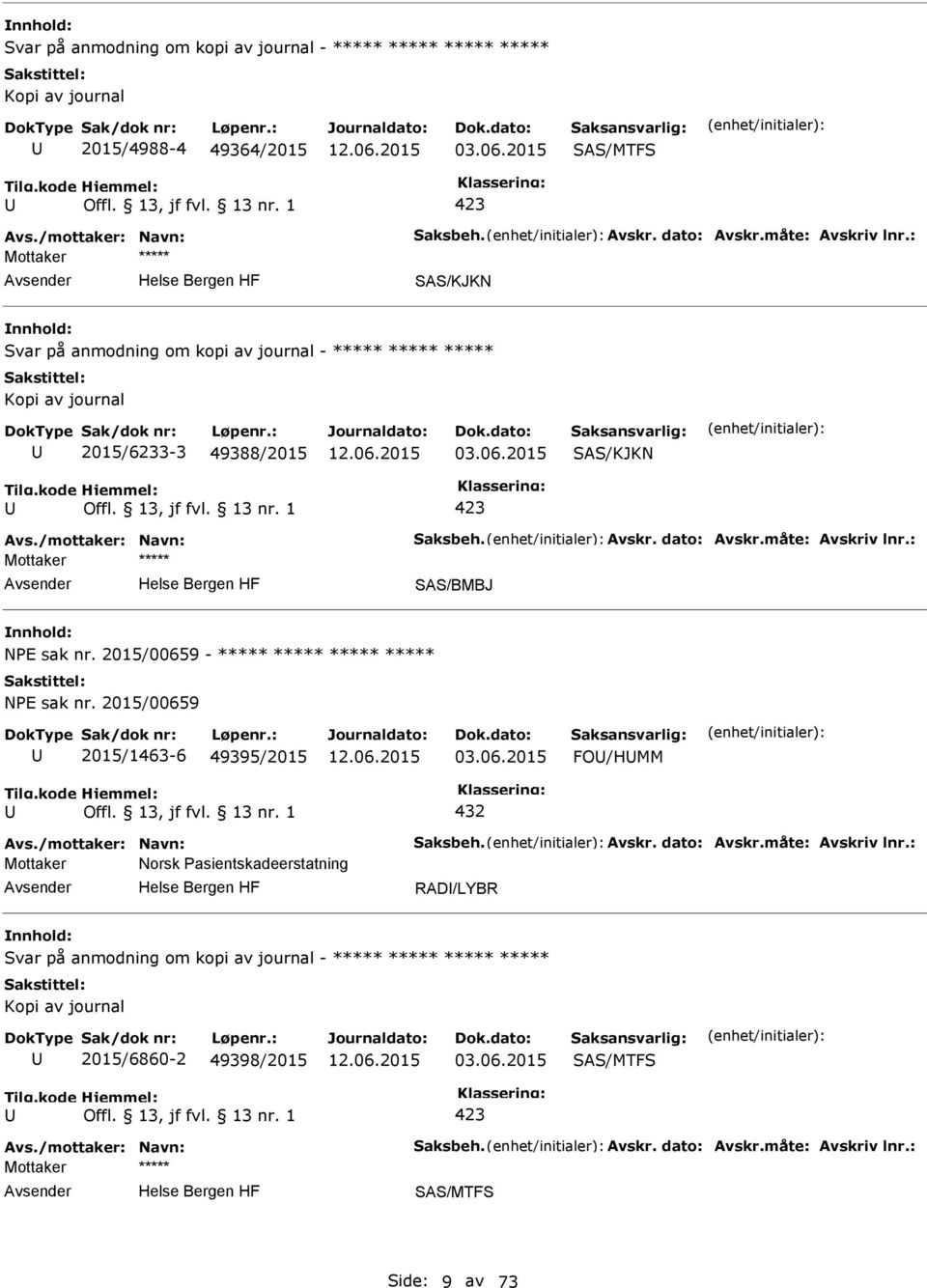 2015/00659 - ***** ***** ***** ***** NE sak nr. 2015/00659 2015/1463-6 49395/2015 03.06.2015 FO/HMM 432 Avs./mottaker: Navn: Saksbeh. Avskr. dato: Avskr.måte: Avskriv lnr.