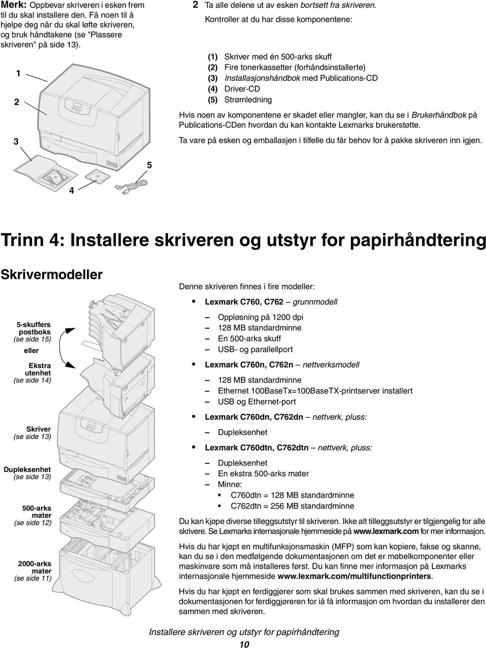 Kontroller at du har disse komponentene: (1) Skriver med én 500-arks skuff (2) Fire tonerkassetter (forhåndsinstallerte) (3) Installasjonshåndbok med Publications-CD (4) Driver-CD (5) Strømledning