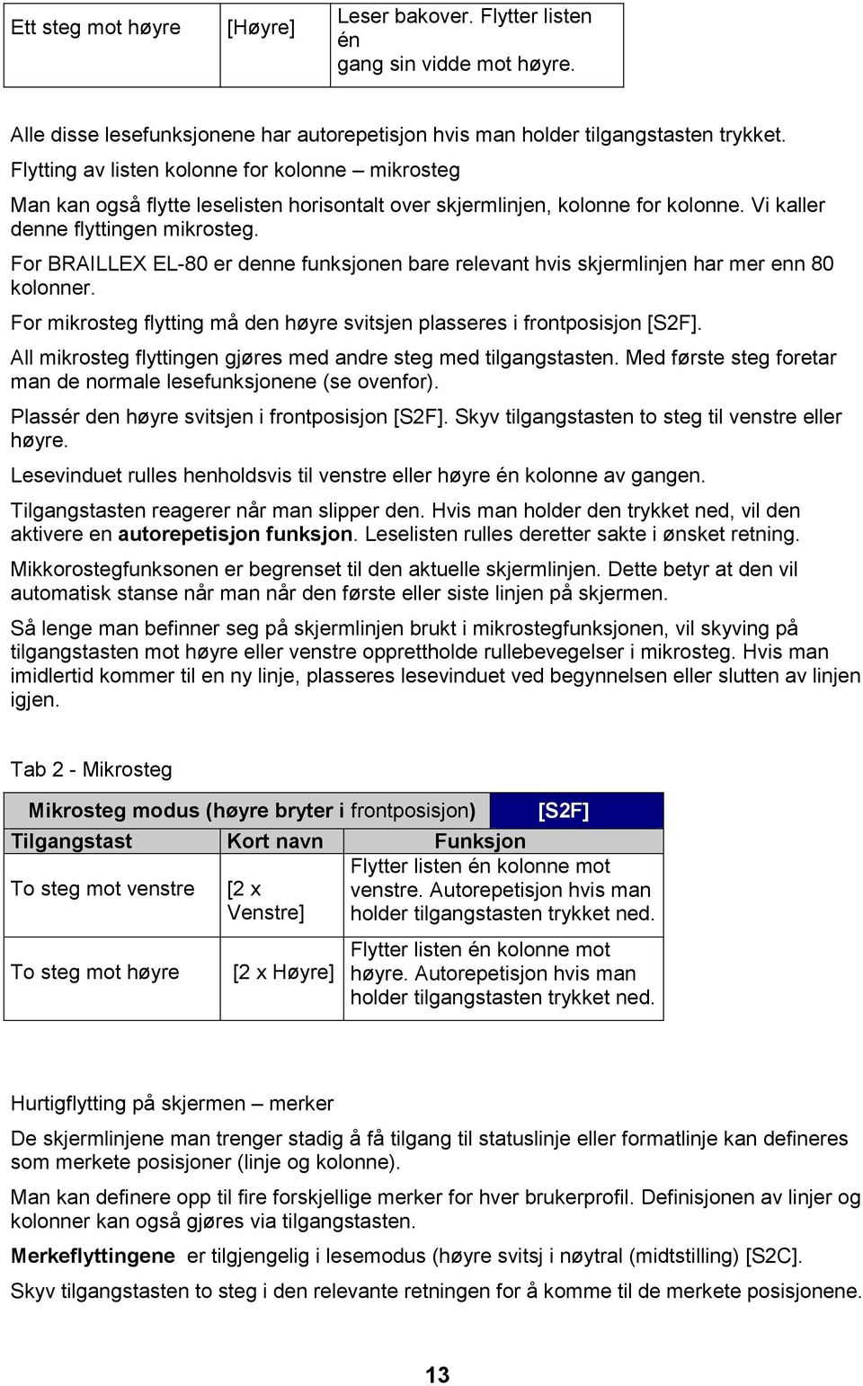 For BRAILLEX EL-80 er denne funksjonen bare relevant hvis skjermlinjen har mer enn 80 kolonner. For mikrosteg flytting må den høyre svitsjen plasseres i frontposisjon [S2F].