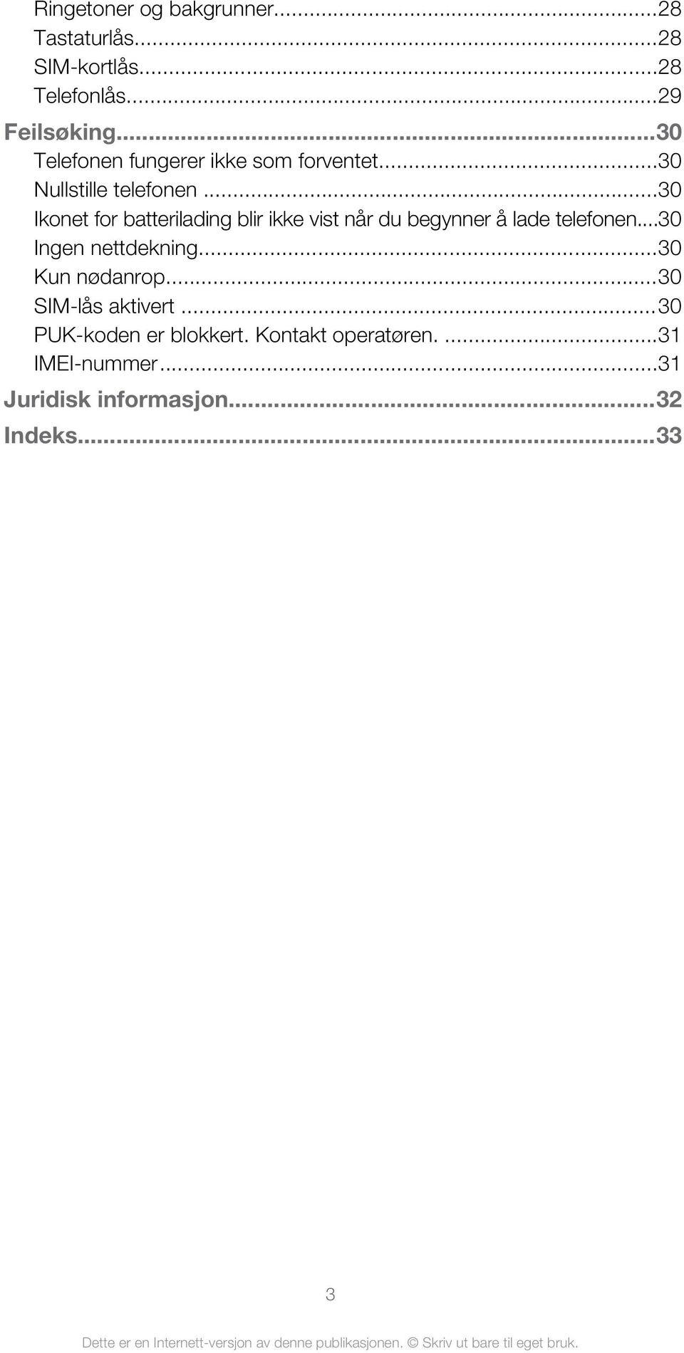 ..30 Ikonet for batterilading blir ikke vist når du begynner å lade telefonen...30 Ingen nettdekning.