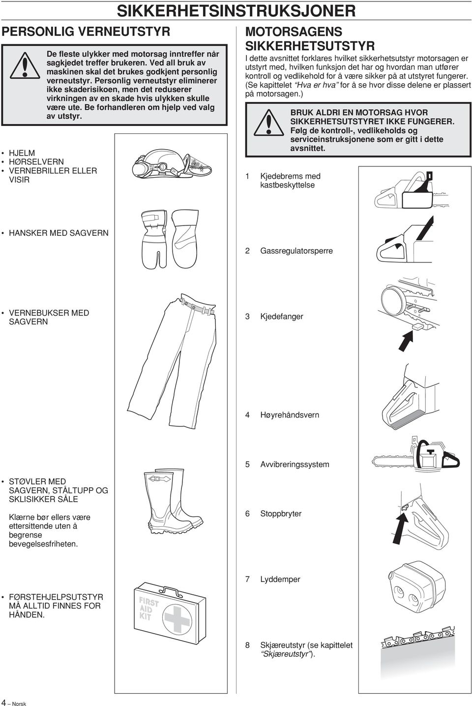 HJELM HØRSELVERN VERNEBRILLER ELLER VISIR MOTORSAGENS SIKKERHETSUTSTYR I dette avsnittet forklares hvilket sikkerhetsutstyr motorsagen er utstyrt med, hvilken funksjon det har og hvordan man utfører