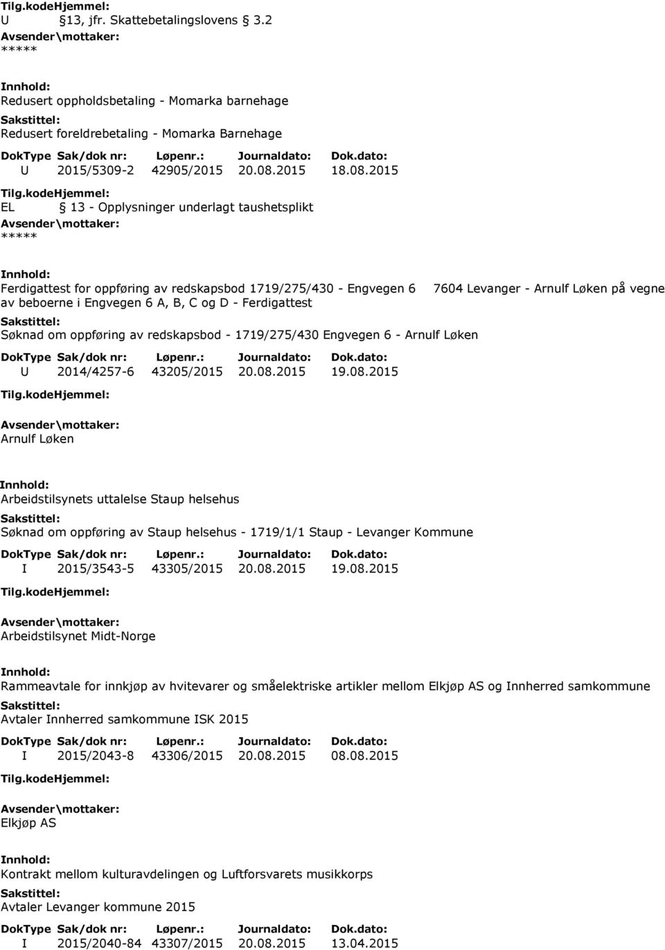 2015 EL 13 - Opplysninger underlagt taushetsplikt Ferdigattest for oppføring av redskapsbod 1719/275/430 - Engvegen 6 av beboerne i Engvegen 6 A, B, C og D - Ferdigattest Søknad om oppføring av