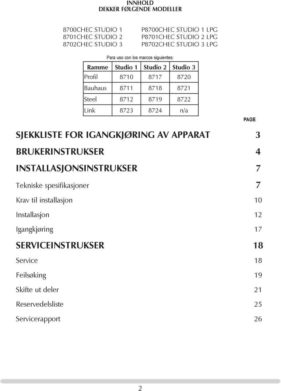 Link 8723 8724 n/a PAGE SJEKKLISTE FOR IGANGKJØRING AV APPARAT 3 BRUKERINSTRUKSER 4 INSTALLASJONSINSTRUKSER 7 Tekniske spesifikasjoner 7 Krav til