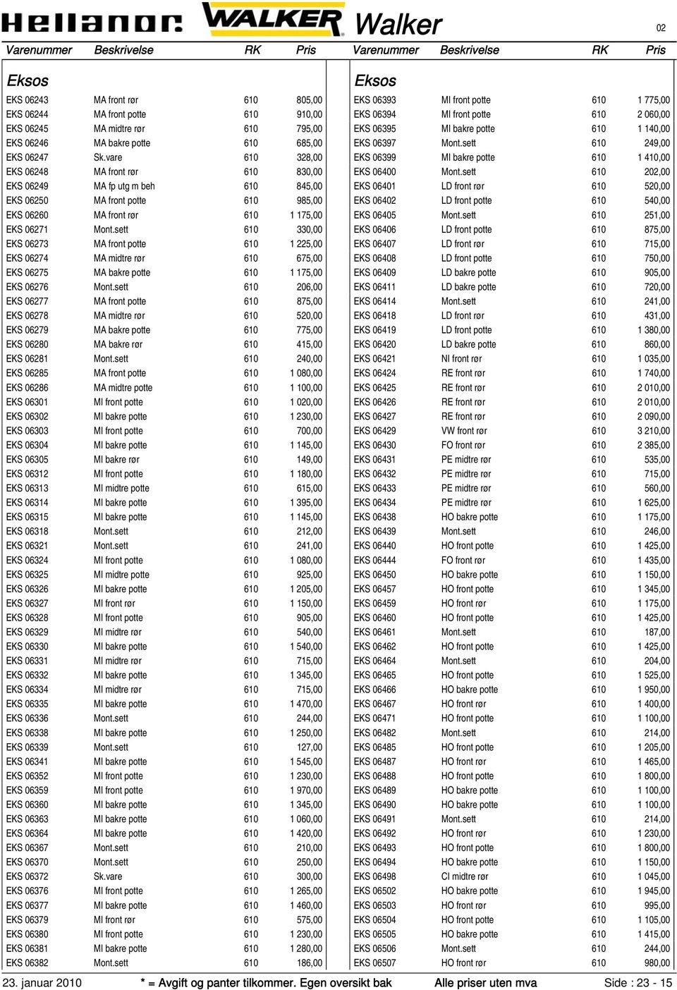 sett 610 330,00 EKS 06273 MA front potte 610 1 225,00 EKS 06274 MA midtre rør 610 675,00 EKS 06275 MA bakre potte 610 1 175,00 EKS 06276 Mont.