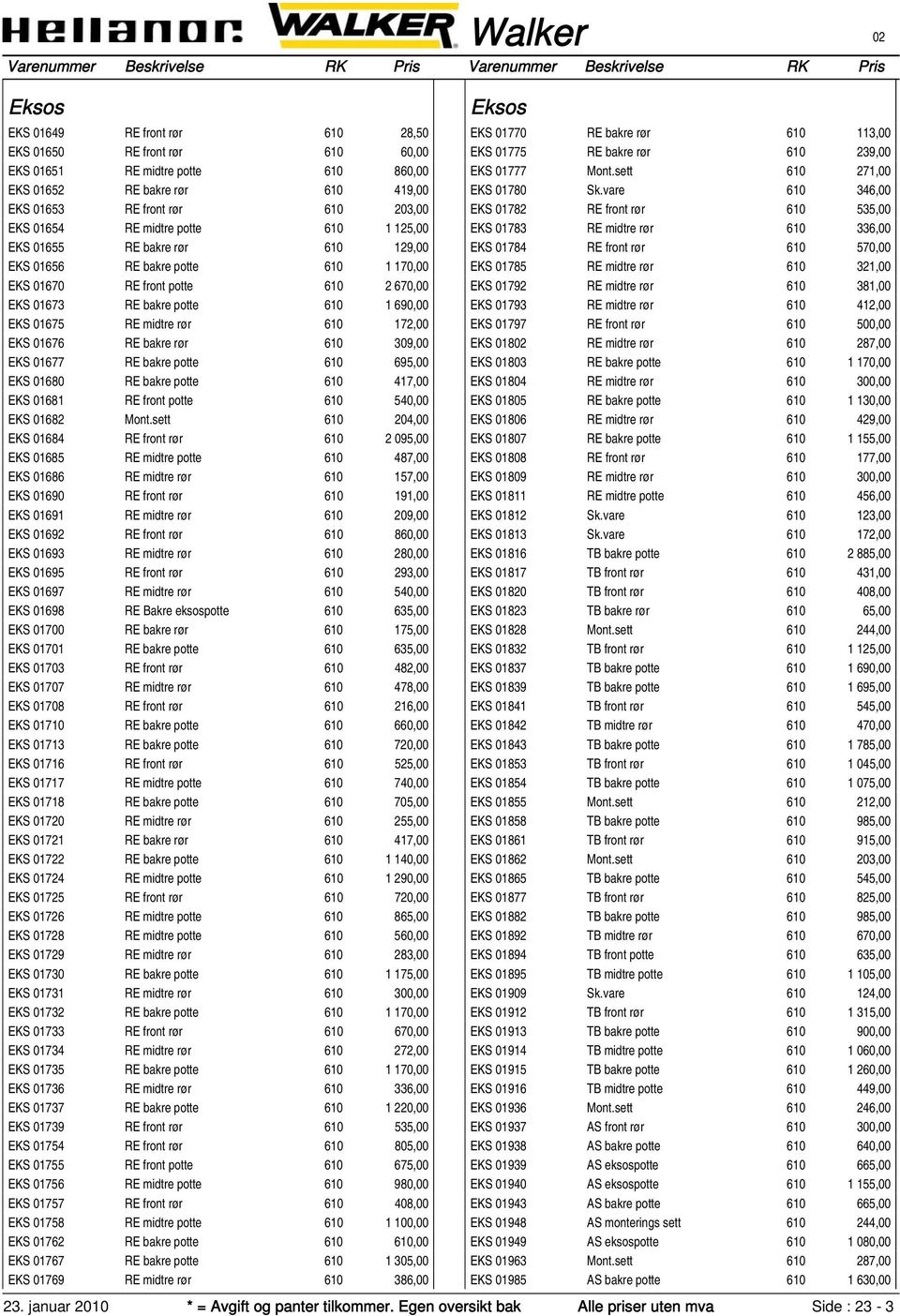 01676 RE bakre rør 610 309,00 EKS 01677 RE bakre potte 610 695,00 EKS 01680 RE bakre potte 610 417,00 EKS 01681 RE front potte 610 540,00 EKS 01682 Mont.