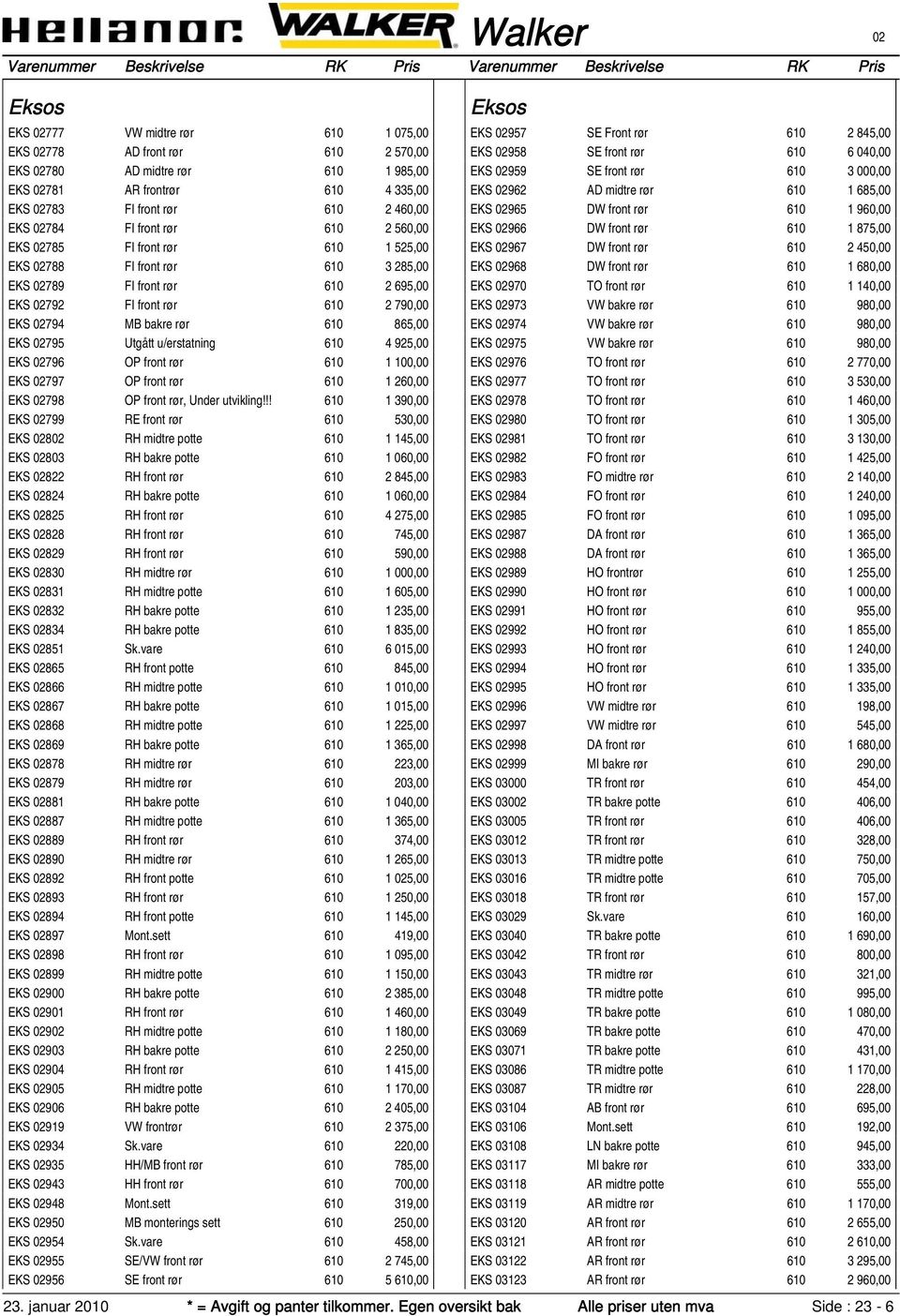 02795 Utgått u/erstatning 610 4 925,00 EKS 02796 OP front rør 610 1 100,00 EKS 02797 OP front rør 610 1 260,00 EKS 02798 OP front rør, Under utvikling!