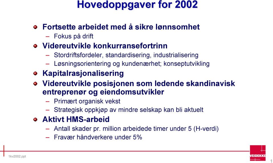 Kapitalrasjonalisering Videreutvikle posisjonen som ledende skandinavisk entreprenør og eiendomsutvikler Primært organisk vekst