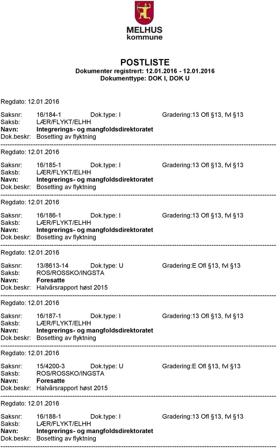 type: U Gradering:E Ofl 13, fvl 13 Dok.beskr: Halvårsrapport høst 2015 Saksnr: 16/187-1 Dok.