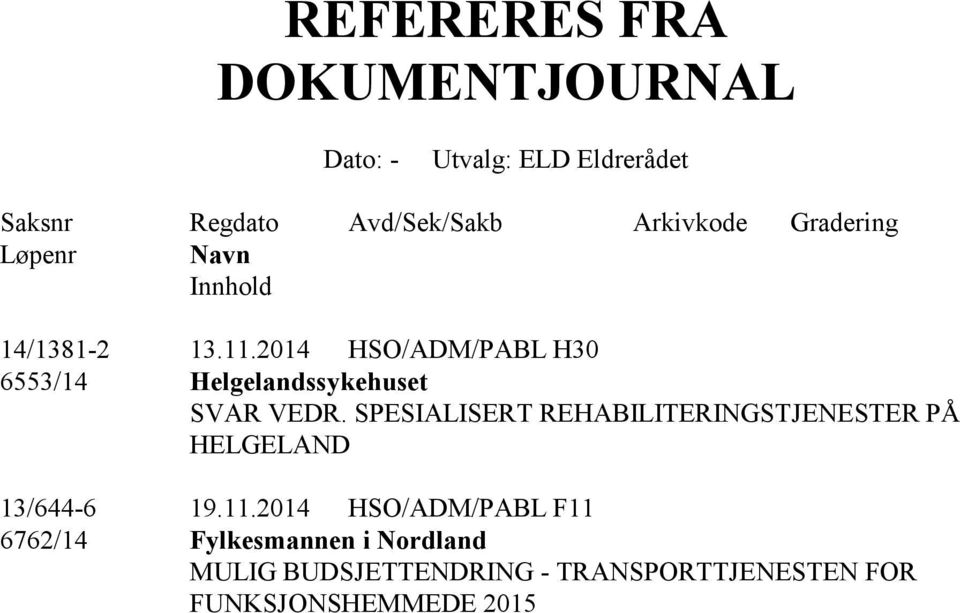 2014 HSO/ADM/PABL H30 6553/14 Helgelandssykehuset SVAR VEDR.