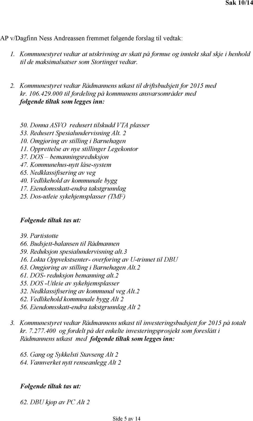 Kommunestyret vedtar Rådmannens utkast til driftsbudsjett for 2015 med kr. 106.429.000 til fordeling på kommunens ansvarsområder med følgende tiltak som legges inn: 50.