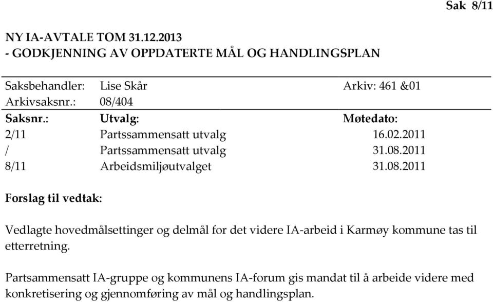 : Utvalg: Møtedato: 2/11 Partssammensatt utvalg 16.02.2011 / Partssammensatt utvalg 31.08.