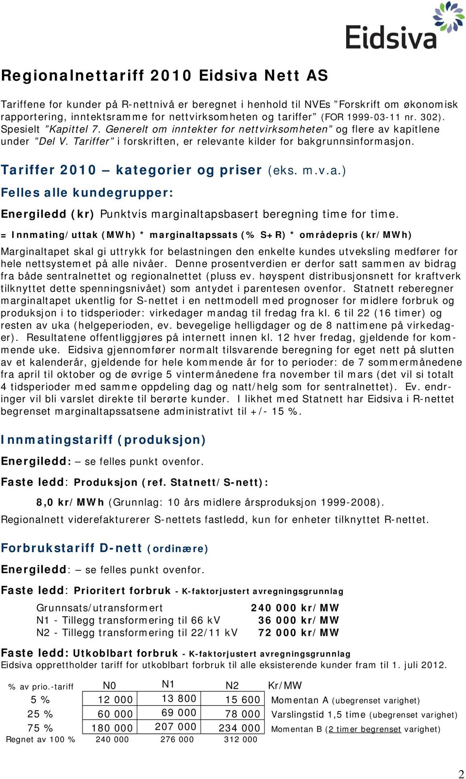 Tariffer 2010 kategorier og priser (eks. m.v.a.) Felles alle kundegrupper: Energiledd (kr) Punktvis marginaltapsbasert beregning time for time.