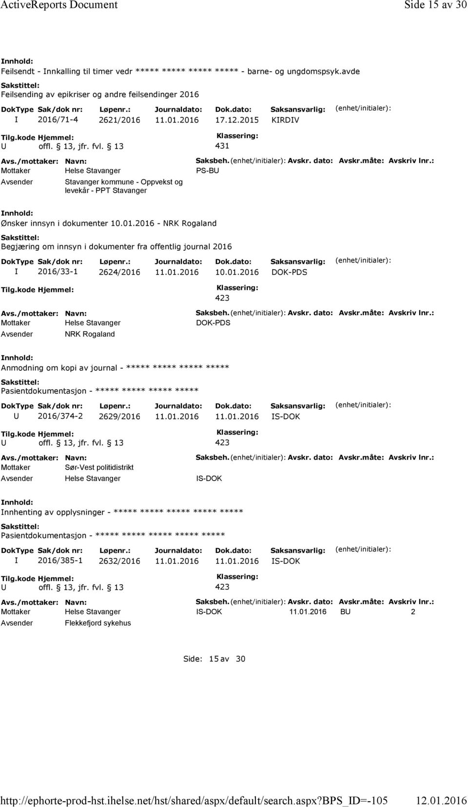: PS-B Ønsker innsyn i dokumenter 10.01.2016 - NRK Rogaland Begjæring om innsyn i dokumenter fra offentlig journal 2016 2016/33-1 2624/2016 10.01.2016 DOK-PDS NRK Rogaland Saksbeh. Avskr. dato: Avskr.