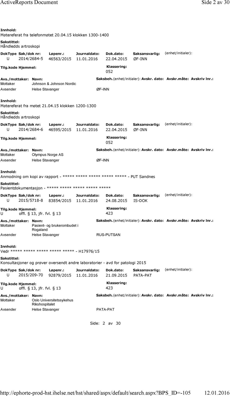 04.2015 ØF-NN 052 Mottaker Olympus Norge AS Saksbeh. Avskr. dato: Avskr.måte: Avskriv lnr.: ØF-NN Anmodning om kopi av rapport - ***** ***** ***** ***** ***** - PT Sandnes 2015/5718-8 83854/2015 24.