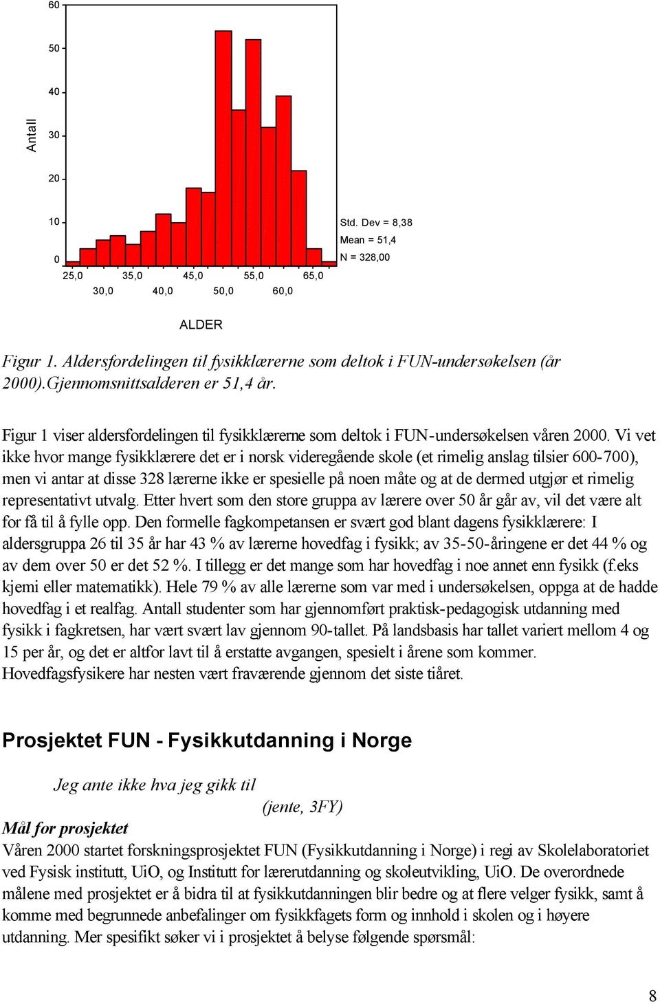 Figur 1 viser aldersfordelingen til fysikklærerne som deltok i FUN-undersøkelsen våren 2000.
