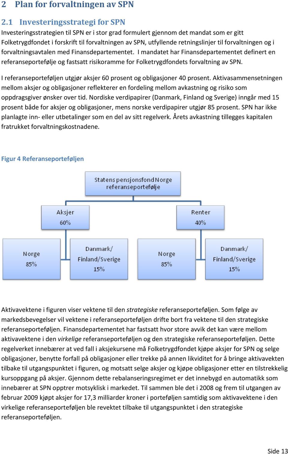 til forvaltningen og i forvaltningsavtalen med Finansdepartementet. I mandatet har Finansdepartementet definert en referanseportefølje og fastsatt risikoramme for Folketrygdfondets forvaltning av SPN.