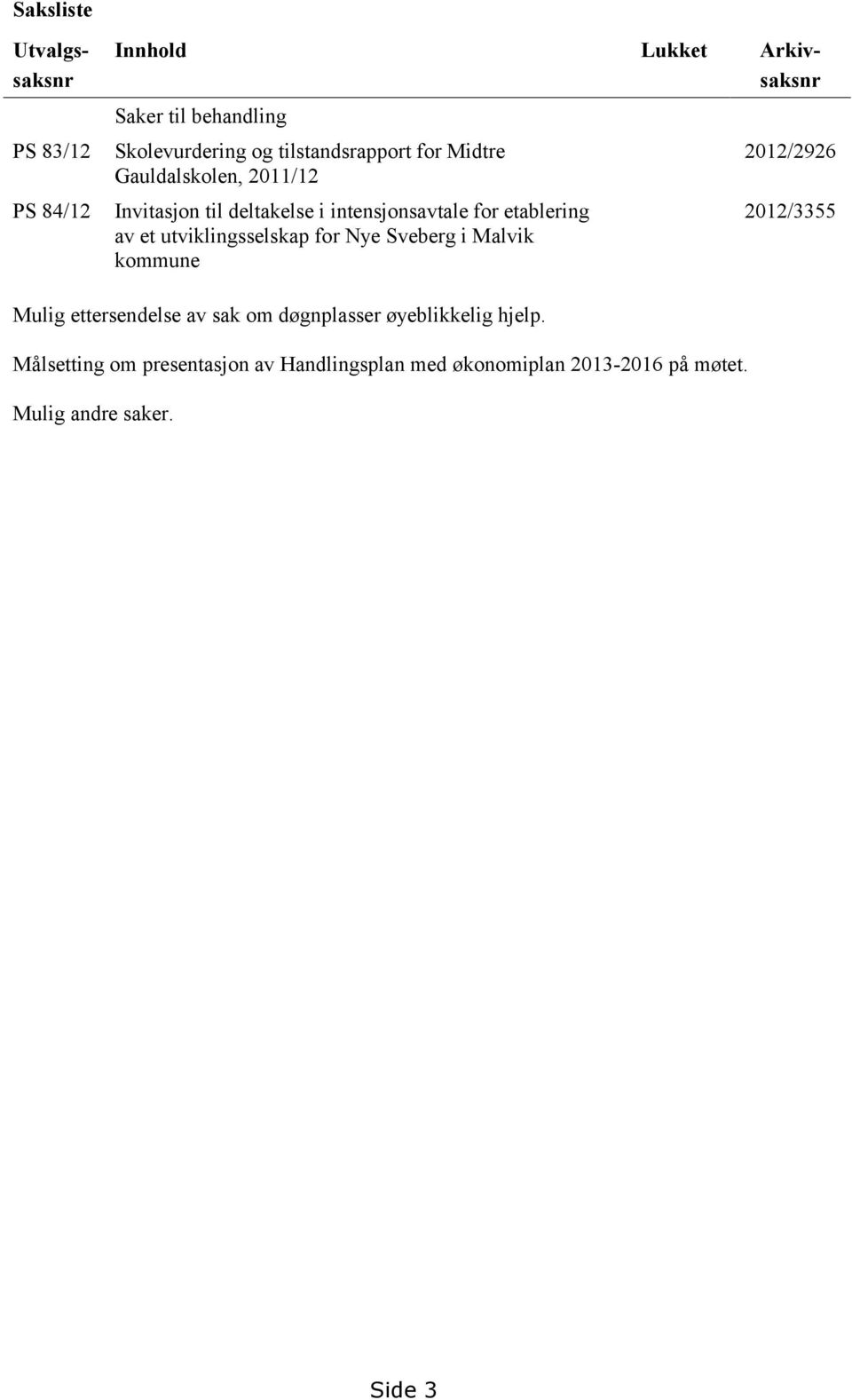 et utviklingsselskap for Nye Sveberg i Malvik kommune 2012/2926 2012/3355 Mulig ettersendelse av sak om døgnplasser