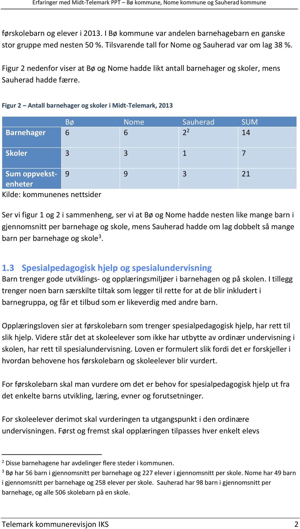 Figur 2 Antall barnehager og skoler i Midt-Telemark, 2013 Bø Nome Sauherad SUM Barnehager 6 6 2 2 14 Skoler 3 3 1 7 Sum oppvekstenheter 9 9 3 21 Kilde: kommunenes nettsider Ser vi figur 1 og 2 i