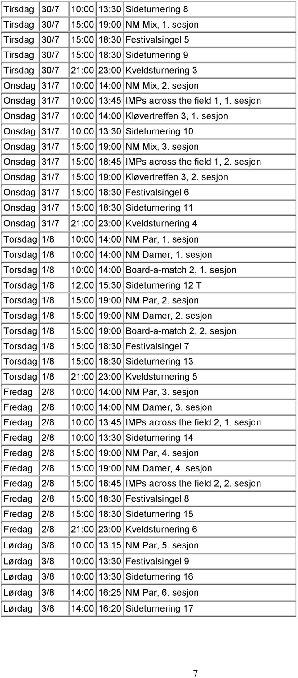 sesjon Onsdag 31/7 10:00 13:45 IMPs across the field 1, 1. sesjon Onsdag 31/7 10:00 14:00 Kløvertreffen 3, 1. sesjon Onsdag 31/7 10:00 13:30 Sideturnering 10 Onsdag 31/7 15:00 19:00 NM Mix, 3.