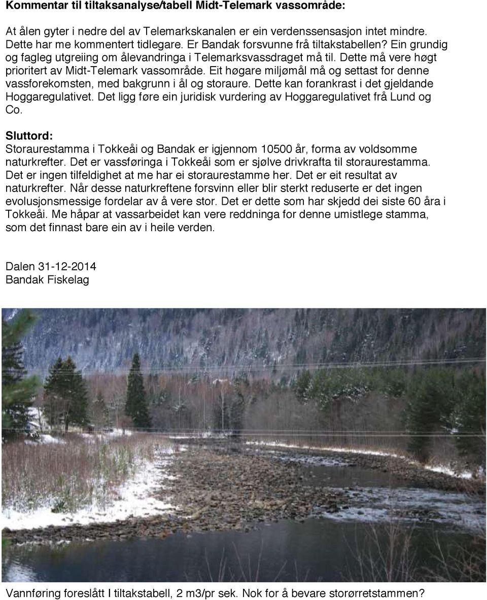 Eit høgare miljømål må og settast for denne vassforekomsten, med bakgrunn i ål og storaure. Dette kan forankrast i det gjeldande Hoggaregulativet.