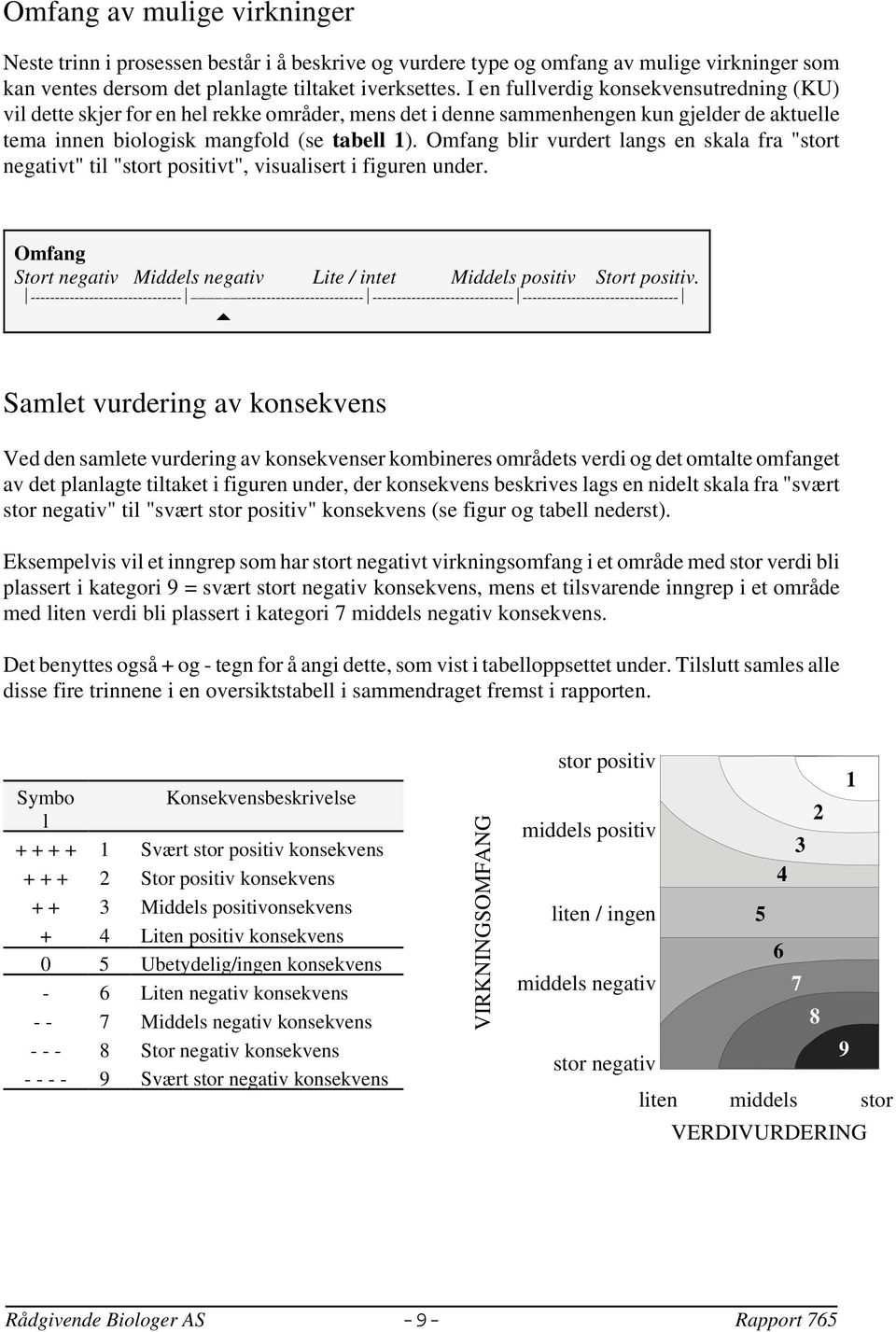 Omfang blir vurdert langs en skala fra "stort negativt" til "stort positivt", visualisert i figuren under. Omfang Stort negativ Middels negativ Lite / intet Middels positiv Stort positiv.