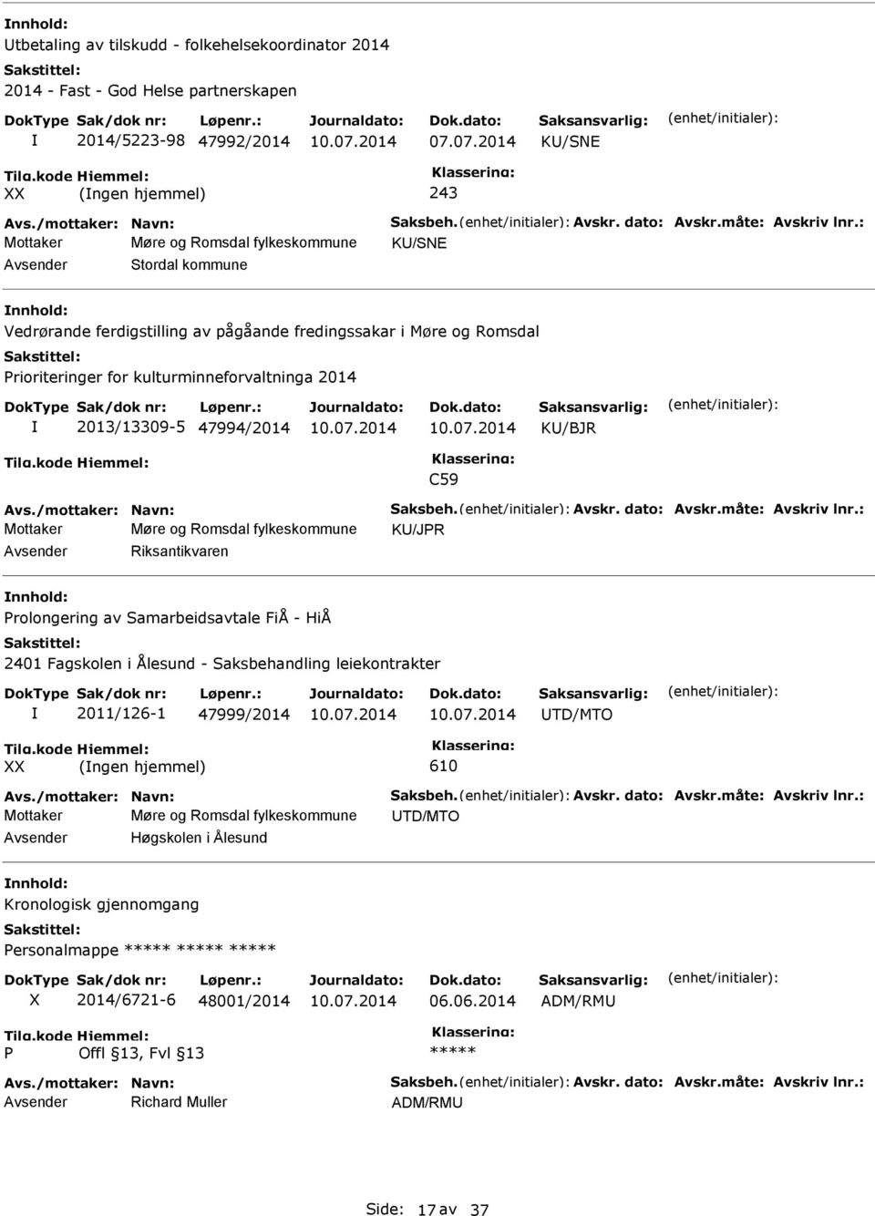 kulturminneforvaltninga 2014 2013/13309-5 47994/2014 K/BJR C59 Mottaker Møre og Romsdal fylkeskommune K/JPR Riksantikvaren Prolongering av Samarbeidsavtale FiÅ - HiÅ 2401 Fagskolen i Ålesund