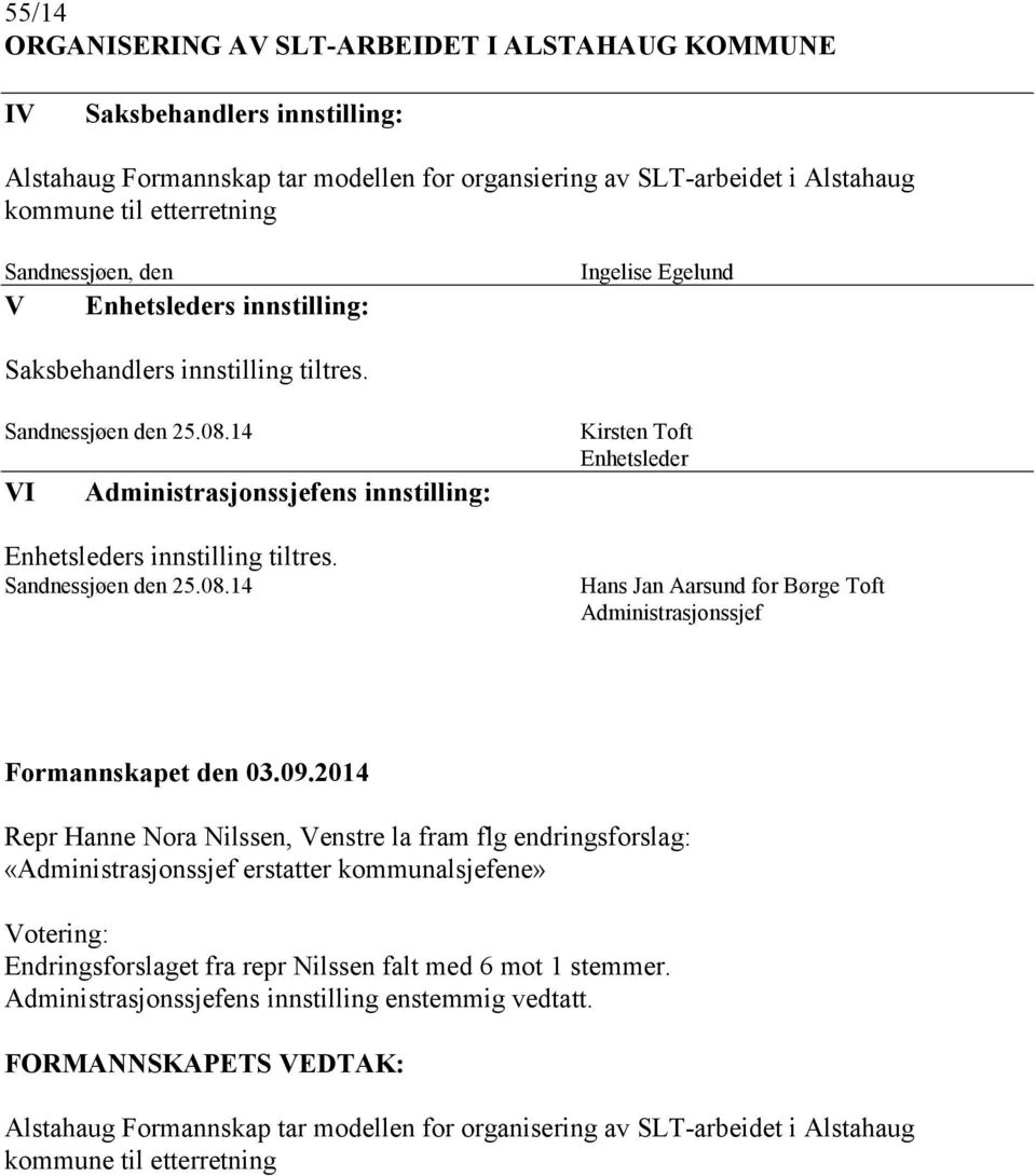 Sandnessjøen den 25.08.14 Kirsten Toft Enhetsleder Hans Jan Aarsund for Børge Toft Administrasjonssjef Formannskapet den 03.09.