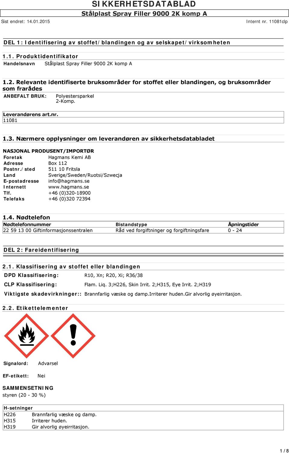 Nærmere opplysninger om leverandøren av sikkerhetsdatabladet NASJONAL PRODUSENT/IMPORTØR Foretak Hagmans Kemi AB Adresse Box 112 Postnr.