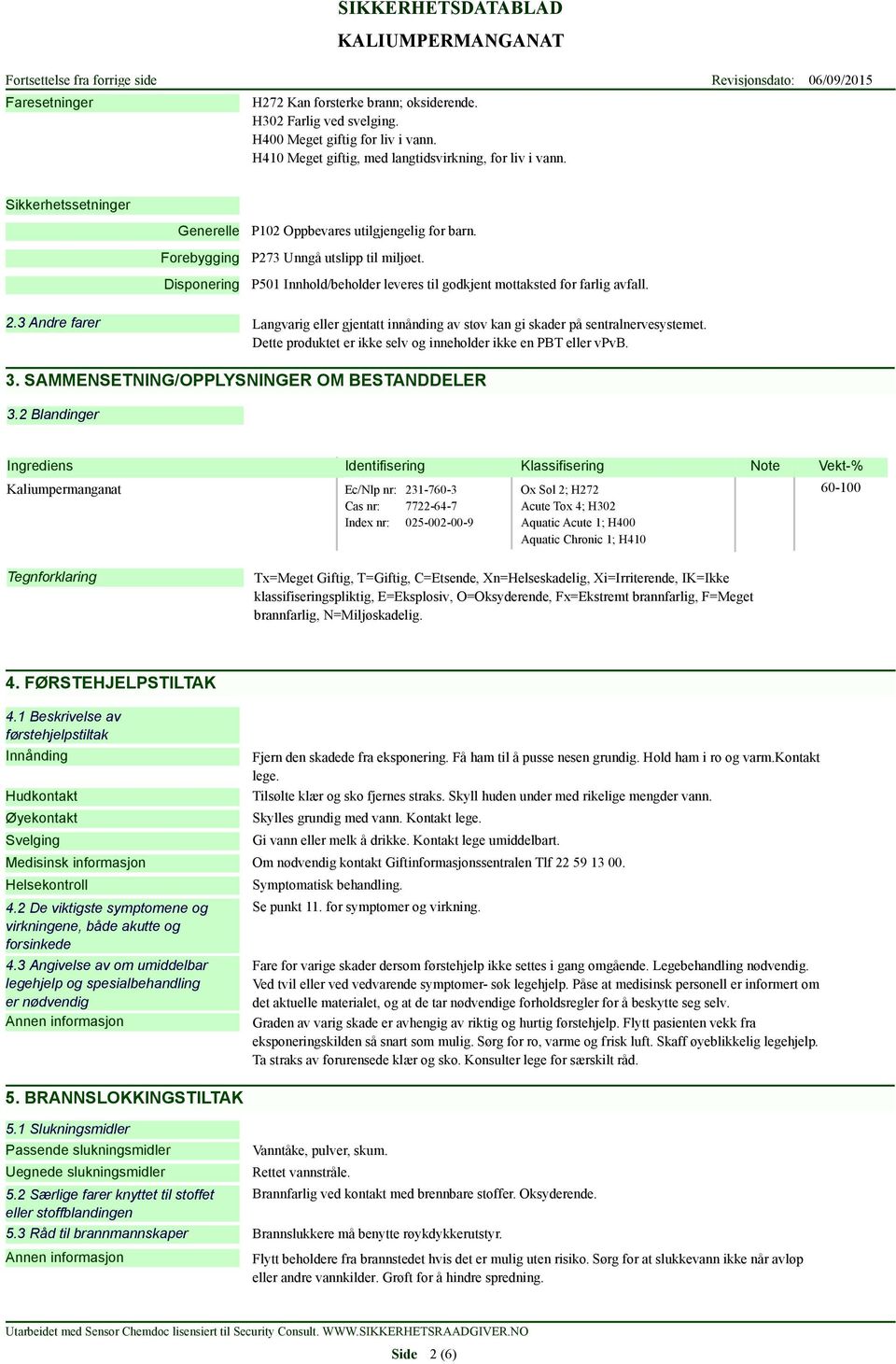 2.3 Andre farer Langvarig eller gjentatt innånding av støv kan gi skader på sentralnervesystemet. Dette produktet er ikke selv og inneholder ikke en PBT eller vpvb. 3.