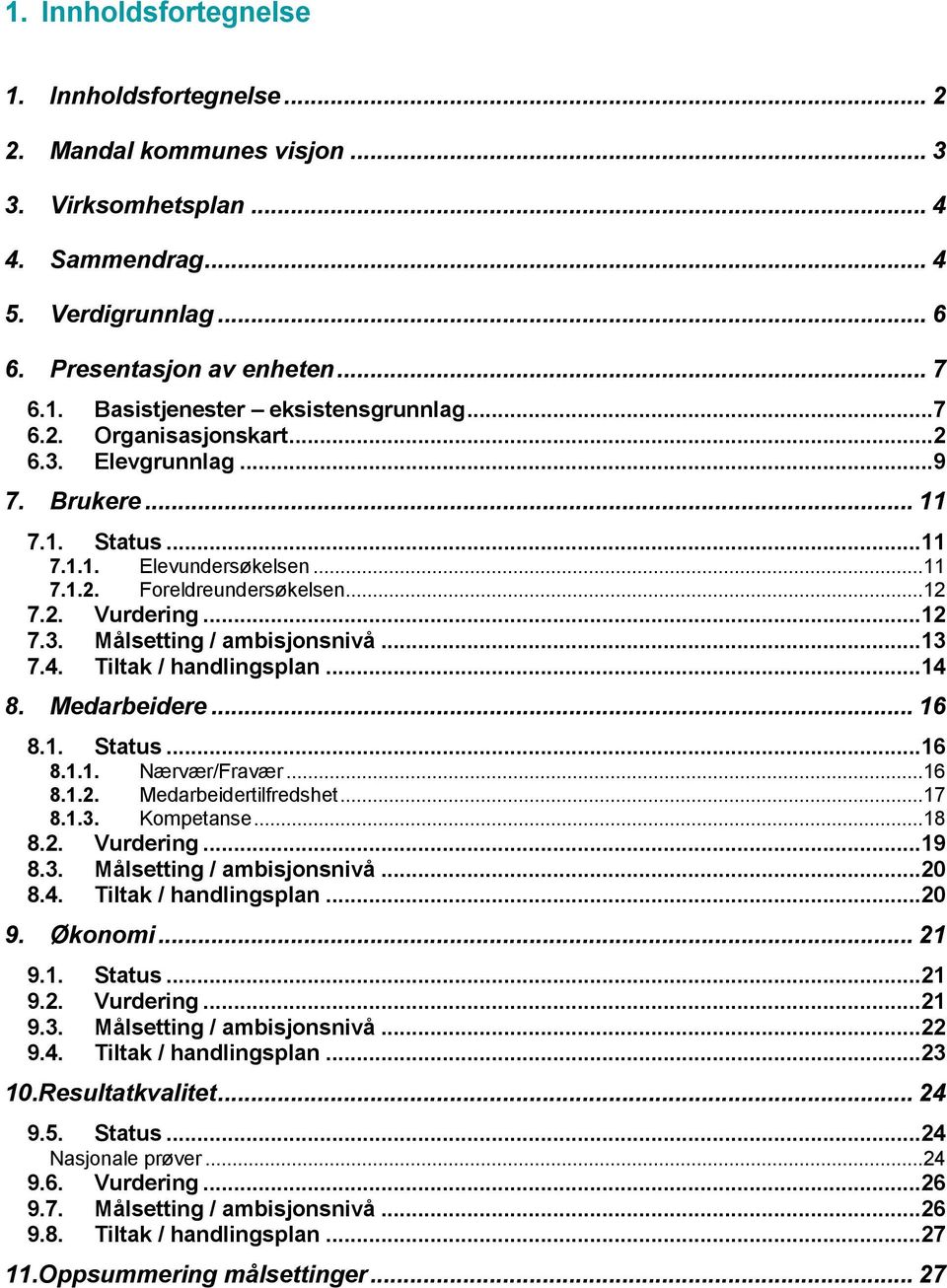 .. 13 7.4. Tiltak / handlingsplan... 14 8. Medarbeidere... 16 8.1. Status... 16 8.1.1. Nærvær/Fravær... 16 8.1.2. Medarbeidertilfredshet... 17 8.1.3. Kompetanse... 18 8.2. Vurdering... 19 8.3. Målsetting / ambisjonsnivå.