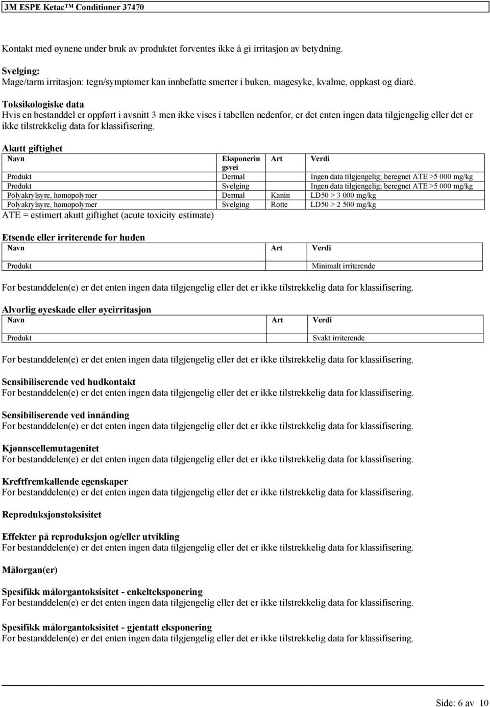 Toksikologiske data Hvis en bestanddel er oppført i avsnitt 3 men ikke vises i tabellen nedenfor, er det enten ingen data tilgjengelig eller det er ikke tilstrekkelig data for klassifisering.