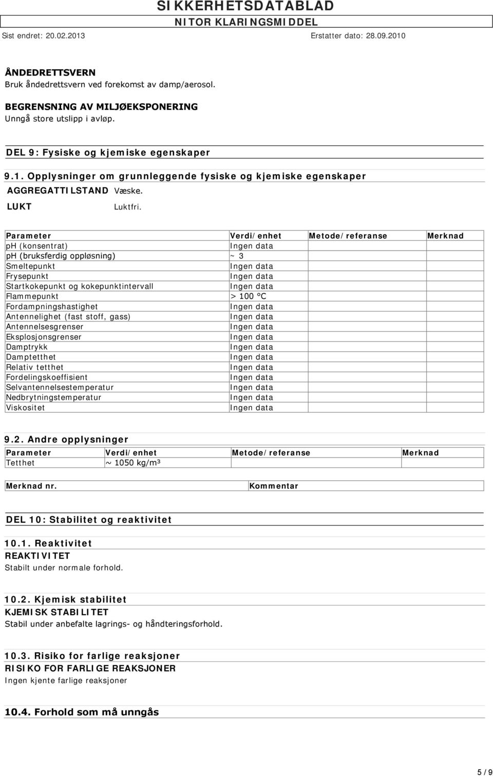 Parameter Verdi/enhet Metode/referanse Merknad ph (konsentrat) ph (bruksferdig oppløsning) ~ 3 Smeltepunkt Frysepunkt Startkokepunkt og kokepunktintervall Flammepunkt > 100 C Fordampningshastighet