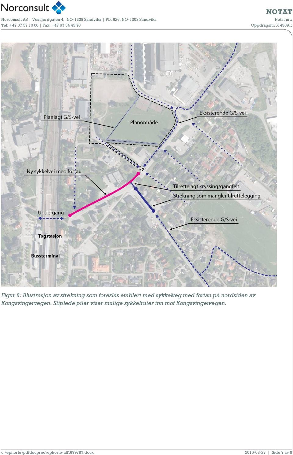 Stiplede piler viser mulige sykkelruter inn mot