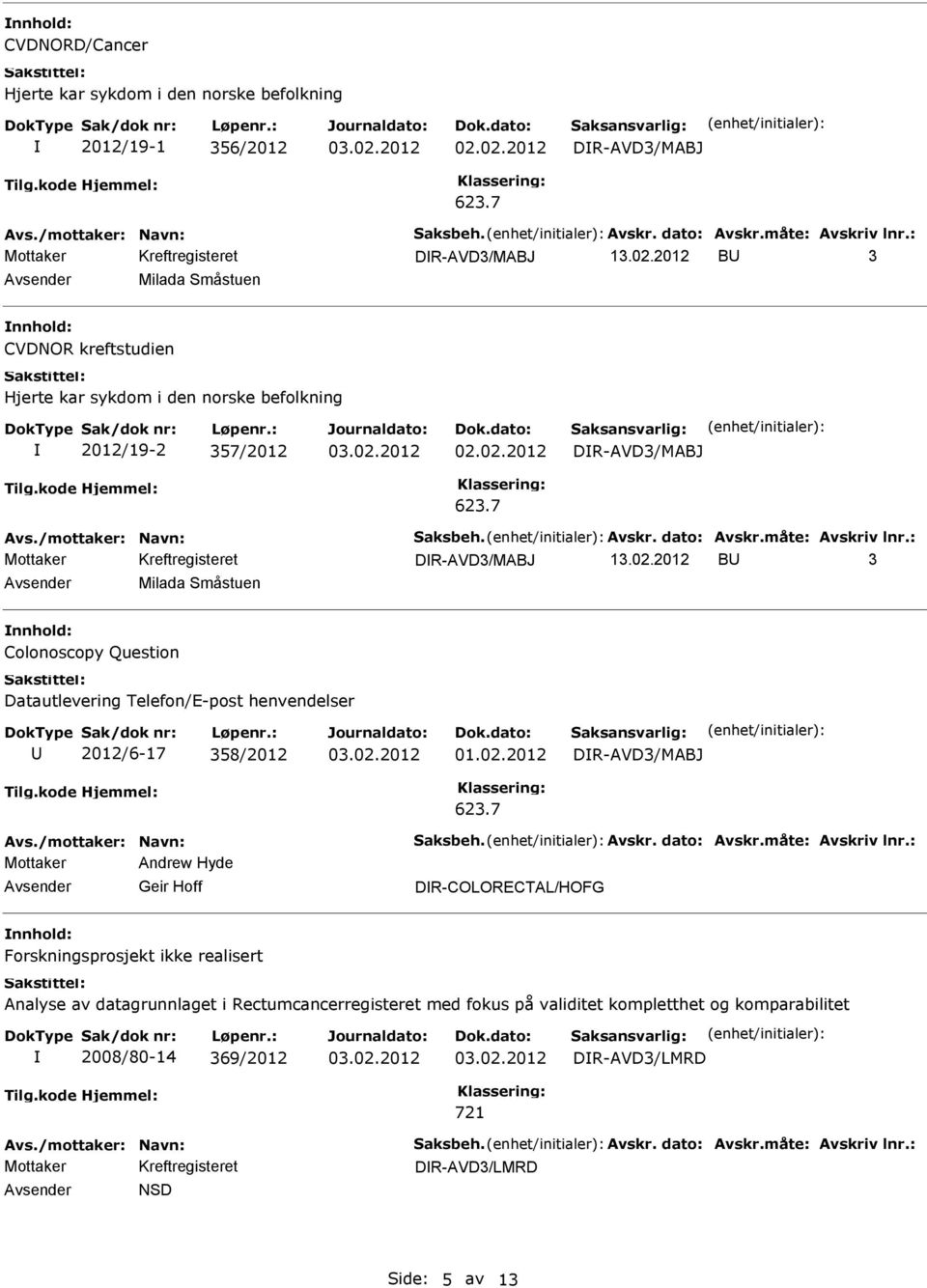 2012 B 3 Milada Småstuen Colonoscopy Question 2012/6-17 358/2012 DR-AVD3/MABJ Mottaker Andrew Hyde Geir Hoff DR-COLORECTAL/HOFG