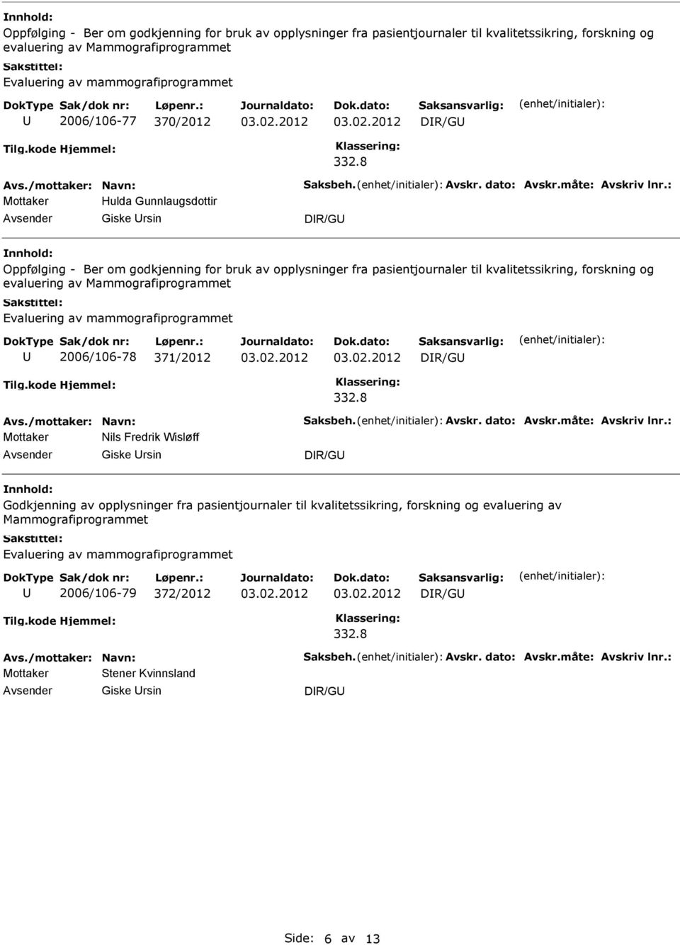 opplysninger fra pasientjournaler til kvalitetssikring, forskning og evaluering av Mammografiprogrammet 2006/106-79 372/2012 Mottaker Stener Kvinnsland