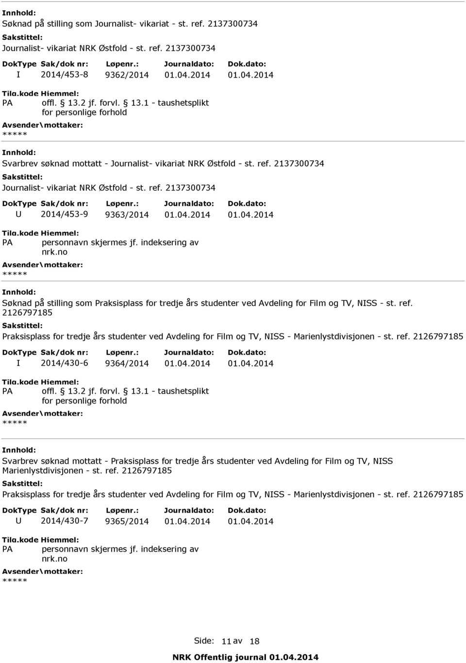 : 3ournaldato: U 2014/453 9 9363/2014 01.04.2014 Dok.dato: 01.04.2014 Søknad på stilling som Praksisplass for tredje års studenter ved Avdeling for Film og TV, NISS st. ref.