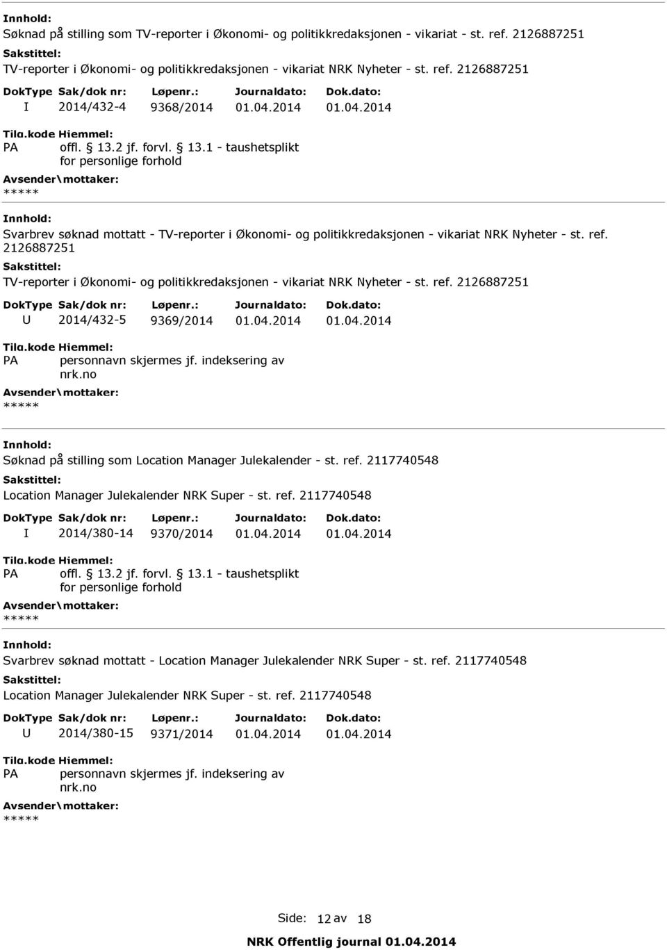 ref. 2126887251 U 2014/432 5 9369/2014 01.04.2014 01.04.2014 Søknad på stilling som Location Manager Julekalender st. ref. 2117740548 Location Manager Julekalender NRK Super st. ref. 2117740548 I 2014/380 14 9370/2014 01.