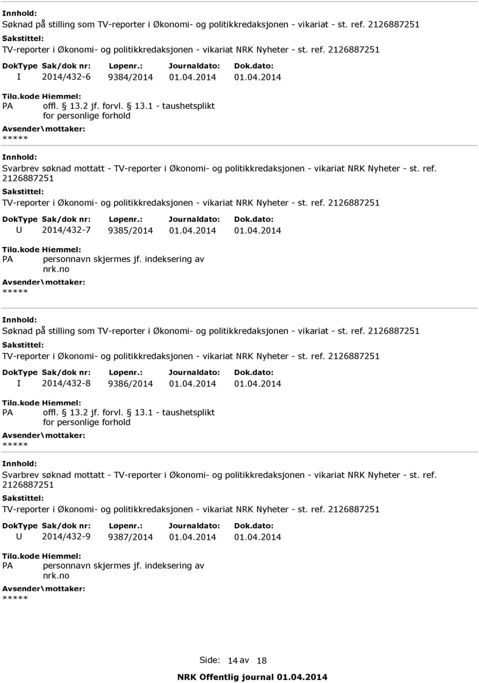 2126887251 TV reporter i Økonomi og politikkredaksjonen vikariat NRK Nyheter st. ref. 2126887251 DokType Sak/dok nr: Løpenr.: Journaldato: Dok.dato: U 2014/432 7 9385/2014 01.04.