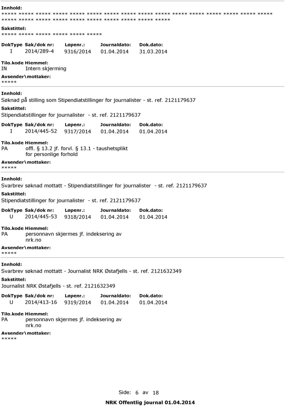 2014 01.04.2014 Svarbrev søknad mottatt U 2014/445 53 9318/2014 01.04.2014 01.04.2014 Svarbrev søknad mottatt Journalist NRK Østafjells st.