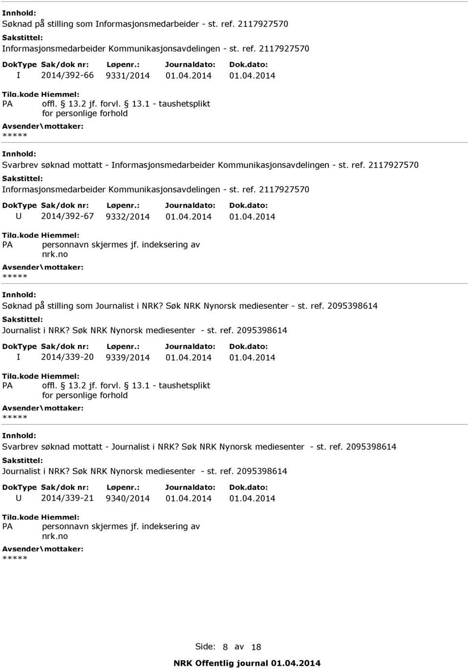 04.2014 01.04.2014 Søknad på stilling som Journalist i NRK? Søk NRK Nynorsk mediesenter st. ref. 2095398614 Journalist i NRK? Søk NRK Nynorsk mediesenter st. ref. 2095398614 I 2014/339 20 9339/2014 01.