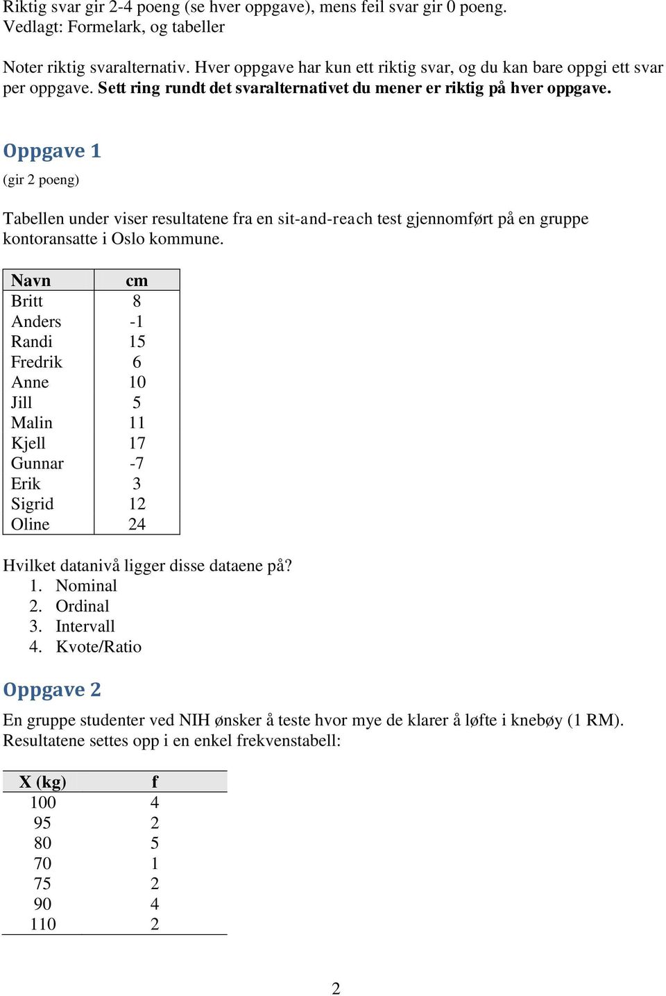 Oppgave 1 (gir 2 poeng) Tabellen under viser resultatene fra en sit-and-reach test gjennomført på en gruppe kontoransatte i Oslo kommune.