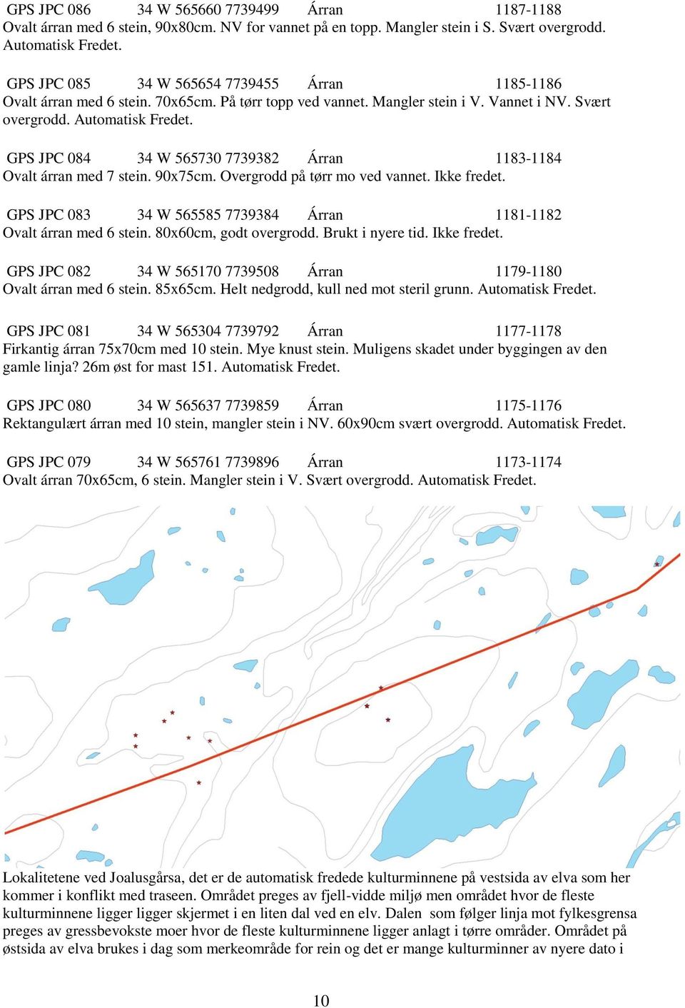 GPS JPC 084 34 W 565730 7739382 Árran 1183-1184 Ovalt árran med 7 stein. 90x75cm. Overgrodd på tørr mo ved vannet. Ikke fredet. GPS JPC 083 34 W 565585 7739384 Árran 1181-1182 Ovalt árran med 6 stein.