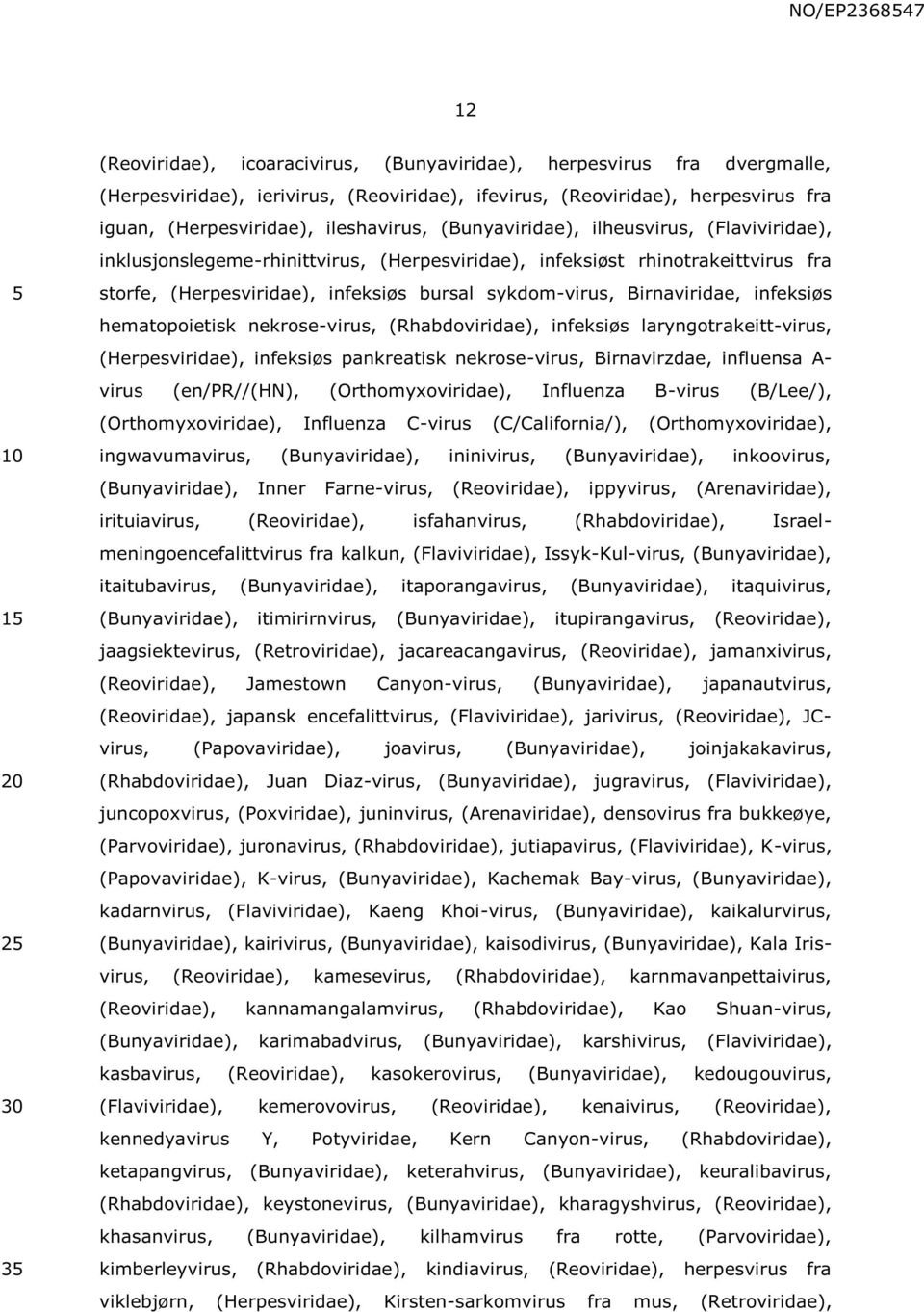 Birnaviridae, infeksiøs hematopoietisk nekrose-virus, (Rhabdoviridae), infeksiøs laryngotrakeitt-virus, (Herpesviridae), infeksiøs pankreatisk nekrose-virus, Birnavirzdae, influensa A- virus