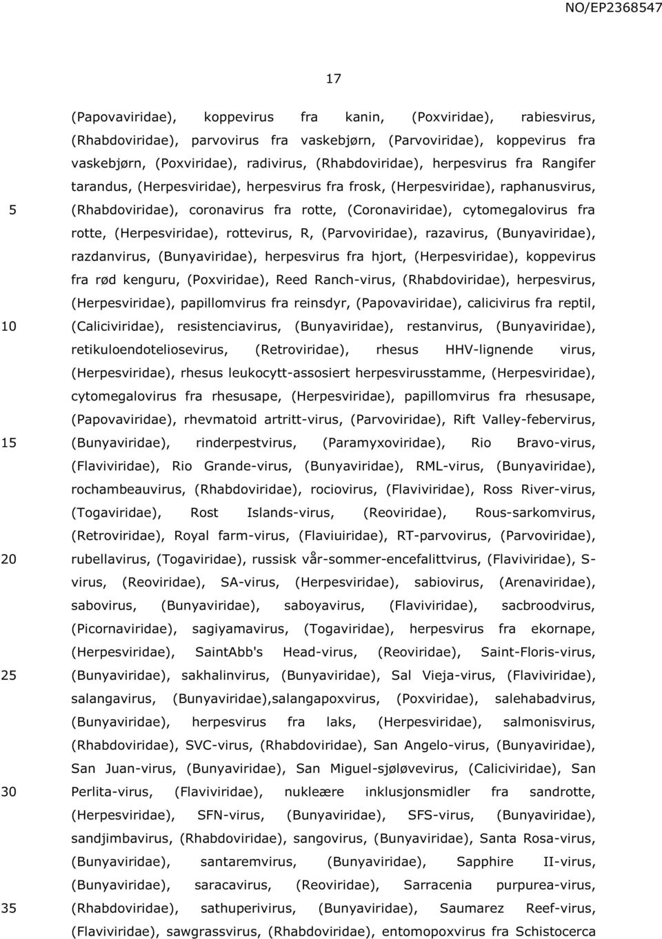 fra rotte, (Herpesviridae), rottevirus, R, (Parvoviridae), razavirus, (Bunyaviridae), razdanvirus, (Bunyaviridae), herpesvirus fra hjort, (Herpesviridae), koppevirus fra rød kenguru, (Poxviridae),