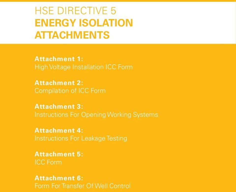 Form Attachment 6: Form For Transfer Of Well Attachment Control 4: Fire Guard s Duties Attachment 5: Safety Measures For Working With Hydrocarbon Carrying Systems Attachment 6: Safety Measures For