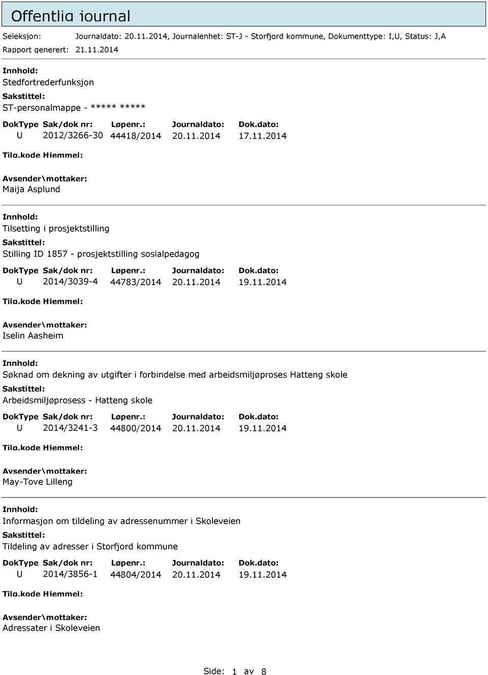 2014 Maija Asplund Tilsetting i prosjektstilling Stilling D 1857 - prosjektstilling sosialpedagog 2014/3039-4 44783/2014 selin Aasheim Søknad om dekning av