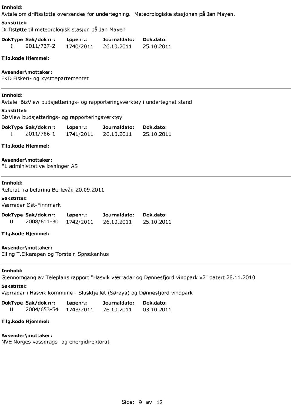 budsjetterings- og rapporteringsverktøy 2011/786-1 1741/2011 F1 administrative løsninger AS Referat fra befaring Berlevåg 20.09.2011 Værradar Øst-Finnmark 2008/611-30 1742/2011 Elling T.