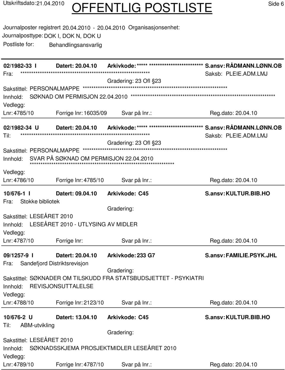 OB Til: ************************************************************ Saksb: PLEIE.ADM.LMJ 23 Ofl 23 Innhold: SVAR PÅ SØKNAD OM PERMISJON 22.04.2010 Lnr: 4786/10 Forrige lnr: 4785/10 Svar på lnr.: Reg.