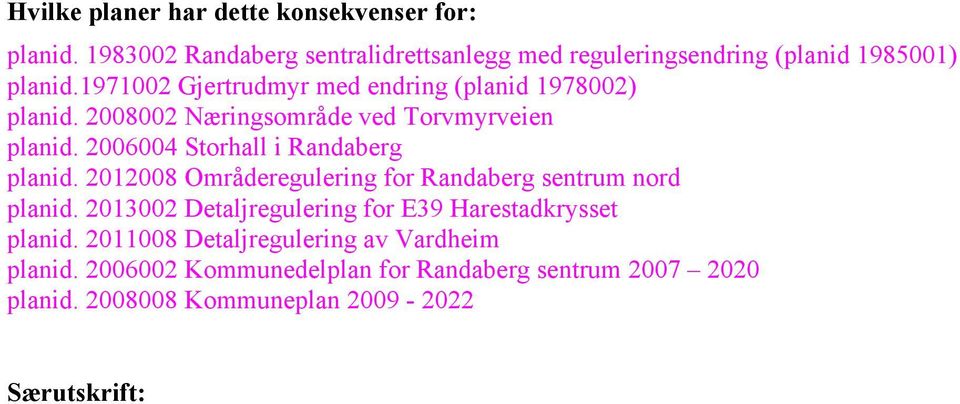 2006004 Storhall i Randaberg planid. 2012008 Områderegulering for Randaberg sentrum nord planid.
