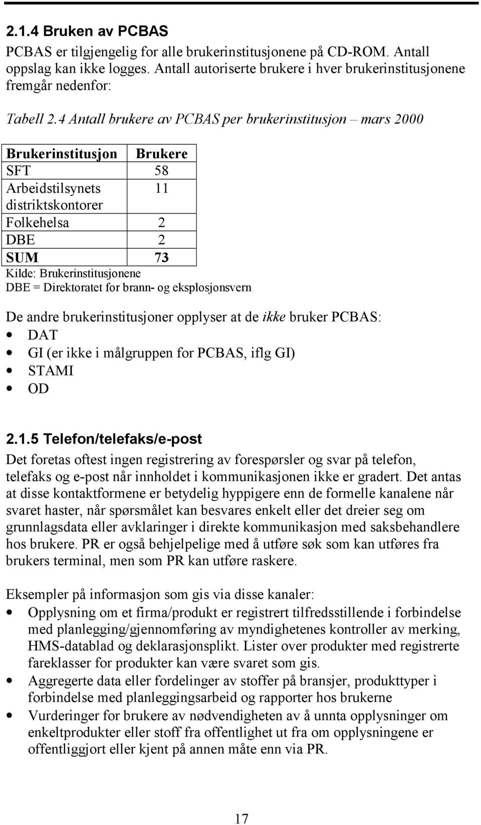 Direktoratet for brann- og eksplosjonsvern De andre brukerinstitusjoner opplyser at de ikke bruker PCBAS: DAT GI (er ikke i målgruppen for PCBAS, iflg GI) STAMI OD 2.1.